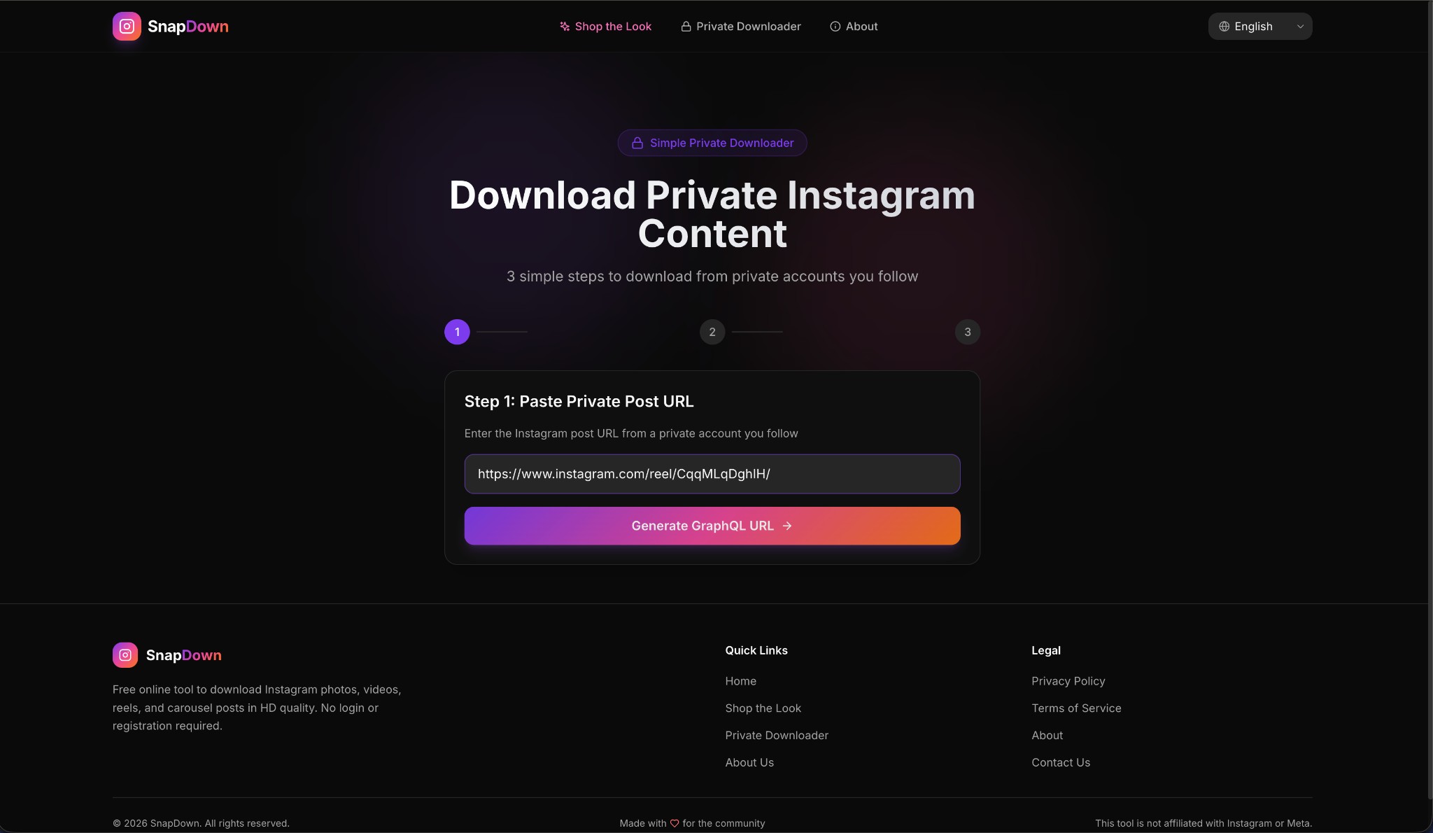 SnapDown Step 1 — Instagram URL pasted in the input field with Generate button