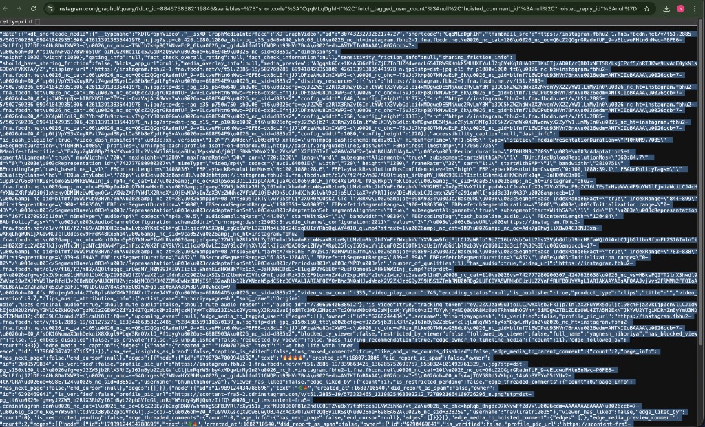 Browser tab showing raw JSON response from Instagram's GraphQL endpoint